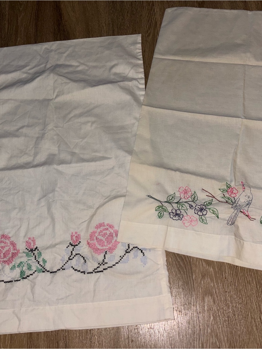 Vintage Embroidered Pillowcases Floral Bird Cross Stitch Cottagecore Set 2 A101